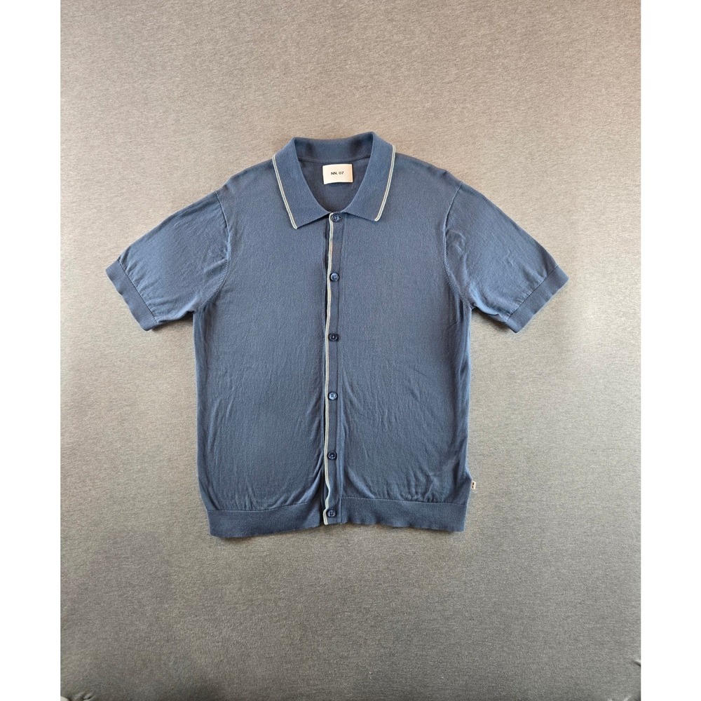 NN.07 Nolan Polo Shirt Mens Large Blue Organic Cotton Knit Button Cardigan Shirt